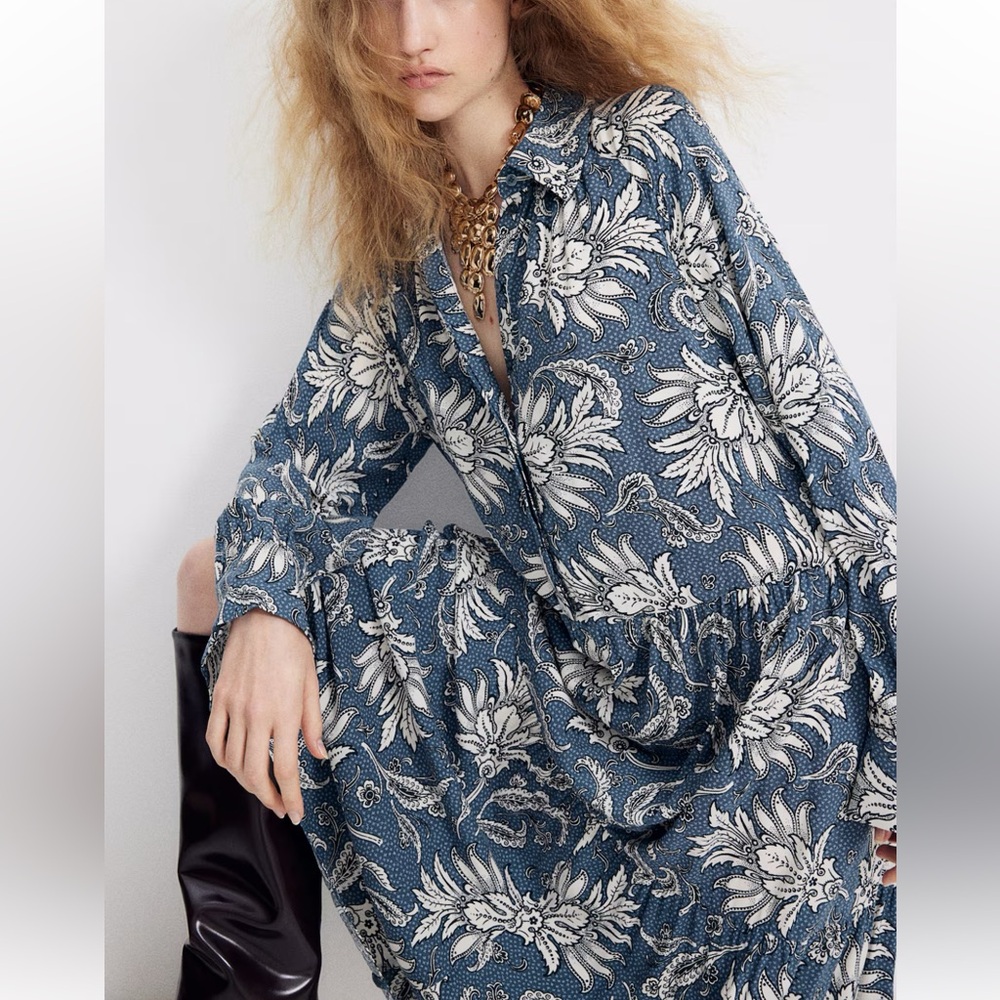 H&M Midi Shirt Dress in Paisley Blue Print Sz S NWT - Picture 4 of 8